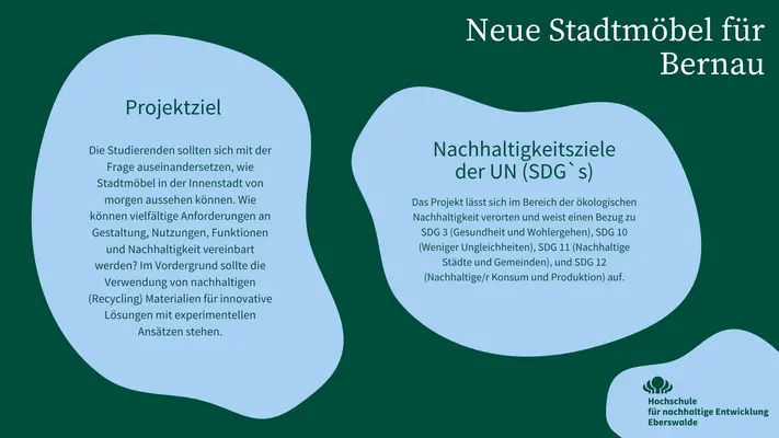 In der Infografik wird das Projektziel und die SDGs (Nachhaltigkeitsziele der UN) auf die sich das Mikroprojekt bezieht dargestellt: Die Studierenden sollten sich mit der Frage auseinandersetzen, wie Stadtmöbel in der Innenstadt von morgen aussehen können. Wie können vielfältige Anforderungen an Gestaltung, Nutzungen, Funktionen und Nachhaltigkeit vereinbart werden? Im Vordergrund sollte die Verwendung von nachhaltigen (Recycling) Materialien für innovative Lösungen mit experimentellen Ansätzen stehen. Das Projekt lässt sich im Bereich der ökologischen Nachhaltigkeit verorten und weist einen Bezug zu SDG 3 (Gesundheit und Wohlergehen), SDG 10 (Weniger Ungleichheiten), SDG 11 (Nachhaltige Städte und Gemeinden), und SDG 12 (Nachhaltige/r Konsum und Produktion) auf.