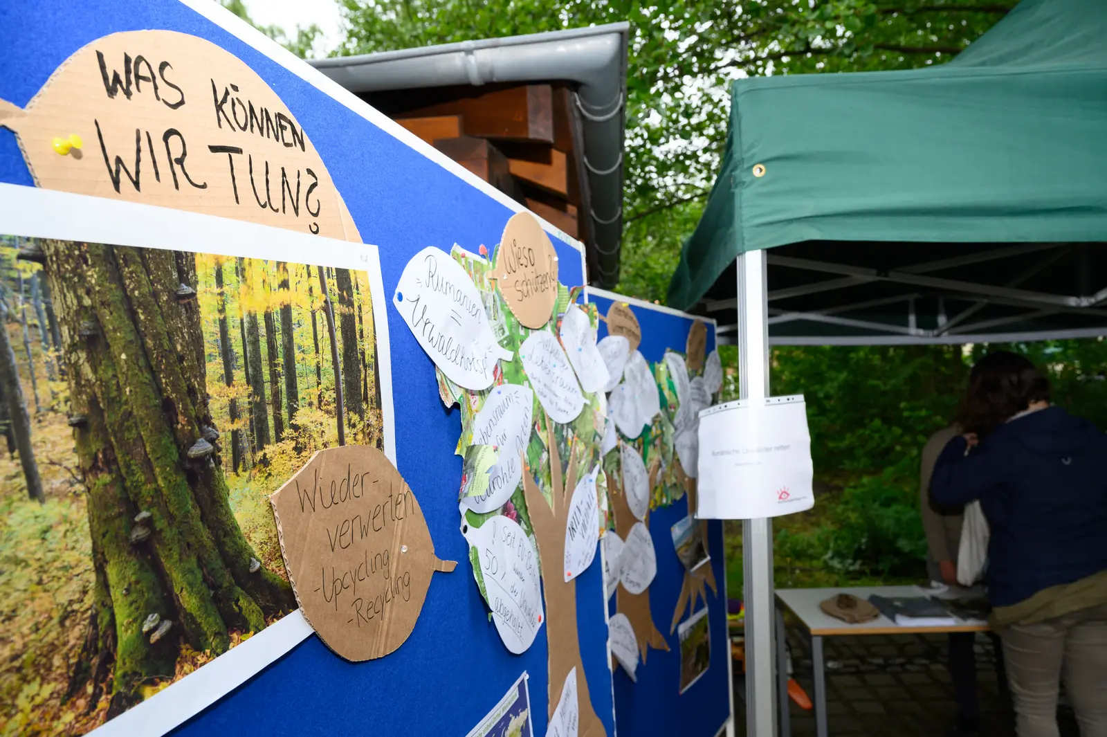 Zwei Stellwände stehen neben einem Messestand. Im Hintergrund sind Bäume zu sehen. Auf der Stellwand im Vordergrund kann man „Was können wir tun?“ lesen. Daneben sind angepinnte Bilder und Moderationskarten mit konkreten Ideen zu sehen.