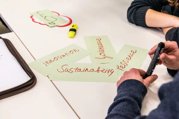 Zwei Hände halten einen Stift. Vor ihnen liegen vier Moderationskarten mit den Worten Innovation, Nachhaltigkeit, Governance, Resilienz.