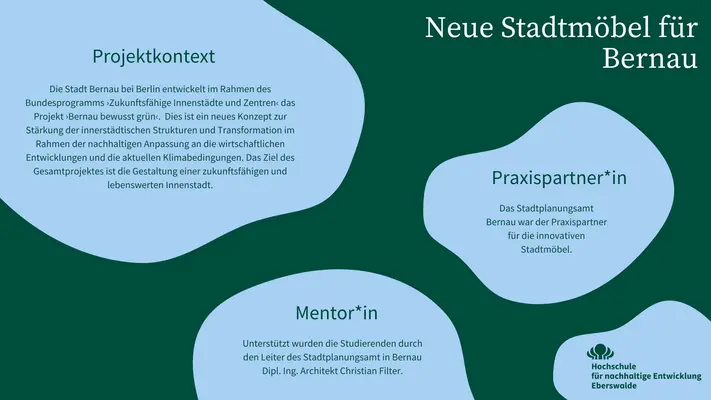 In der Infografik wird die Praxispartnerin, die Mentor*innen und der Projektkontext des Mikroprojektes Neue Stadtmöbel für Bernau vorgestellt. Die Stadt Bernau bei Berlin entwickelt im Rahmen des Bundesprogramms ›Zukunftsfähige Innenstädte und Zentren‹ das Projekt ›Bernau bewusst grün‹.  Dies ist ein neues Konzept zur Stärkung der innerstädtischen Strukturen und Transformation im Rahmen der nachhaltigen Anpassung an die wirtschaftlichen Entwicklungen und die aktuellen Klimabedingungen. Das Ziel des Gesamtprojektes ist die Gestaltung einer zukunftsfähigen und lebenswerten Innenstadt. Das Stadtplanungsamt Bernau war der Praxispartner für die innovativen Stadtmöbel. Unterstützt wurden die Studierenden durch den Leiter des Stadtplanungsamt in Bernau Dipl. Ing. Architekt Christian Filter