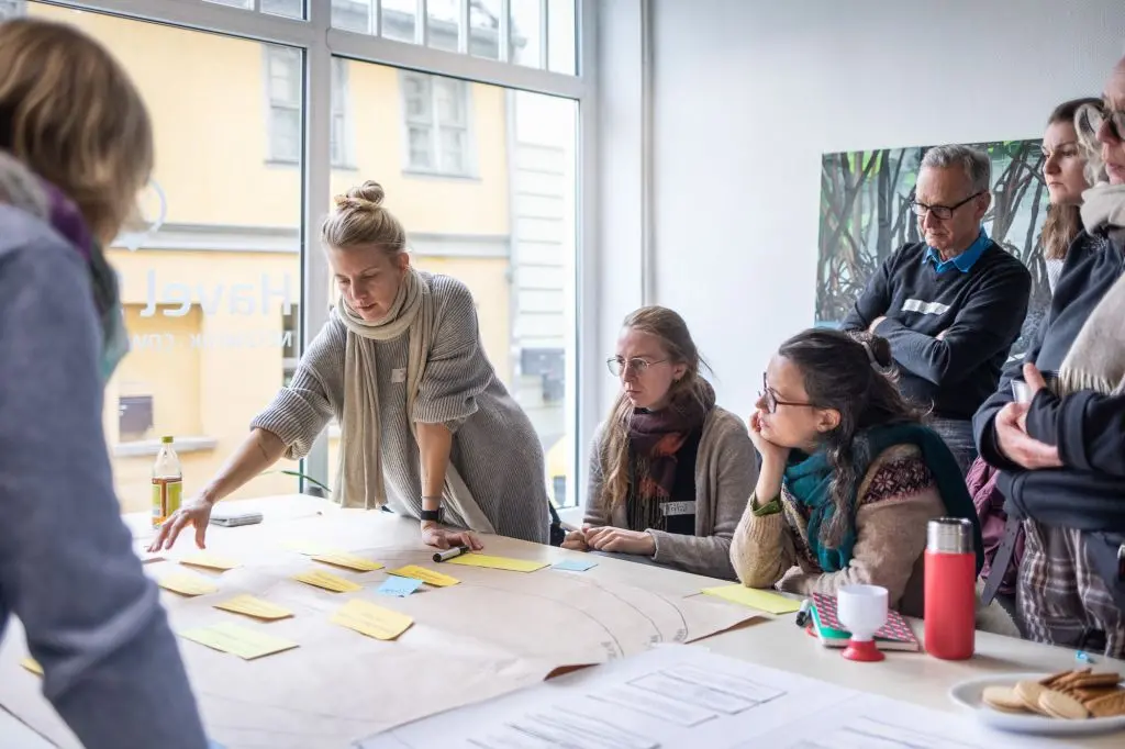 Um einen Tisch stehen und sitzen mehrere Menschen. Auf dem Tisch zwischen ihnen liegen große Flipchartpapiere. Eine Frau erläutert gerade den Inhalt eines dieses Papiers.