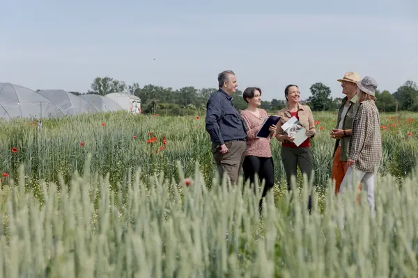 Menschen unterschiedlicher Ethnien stehen zusammen auf einem Feld und besprechen sich im Projekt