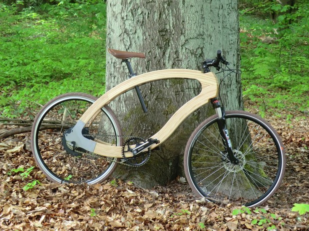 An einen dicken Buchenstamm ist ein Mountain-Bike gelehnt. Der Rahmen des Rades ist aus Holz. Dessen Form erinnert ein wenig an einen liegenden Tropfen. Es handelt sich um das Wood-E-Bike, welches in Kooperation zwischen der HNEE und der aceteam GmbH Buckow im Rahmen eines Forschungsprojektes entwickelt.